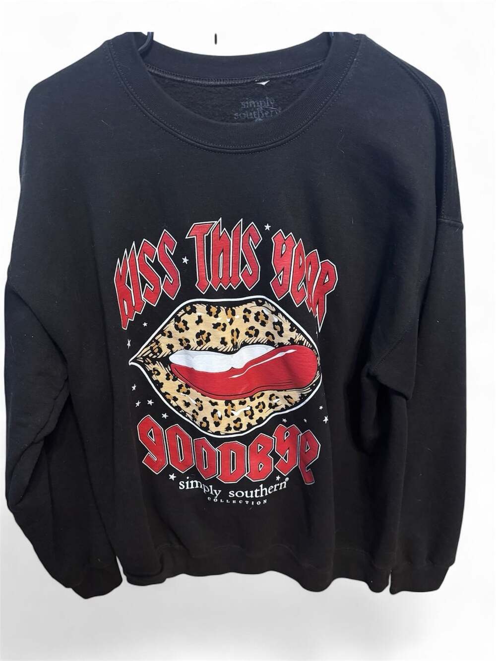 Simply Southern Kiss This Year Goodbye Leopard Lips Black Sweatshirt